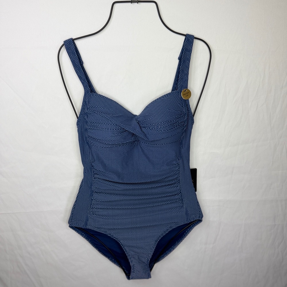 Nip Tuck One Piece Swimsuit Womens Size 4 Navy Blue Polka Dot Ruched NN2976MSN
